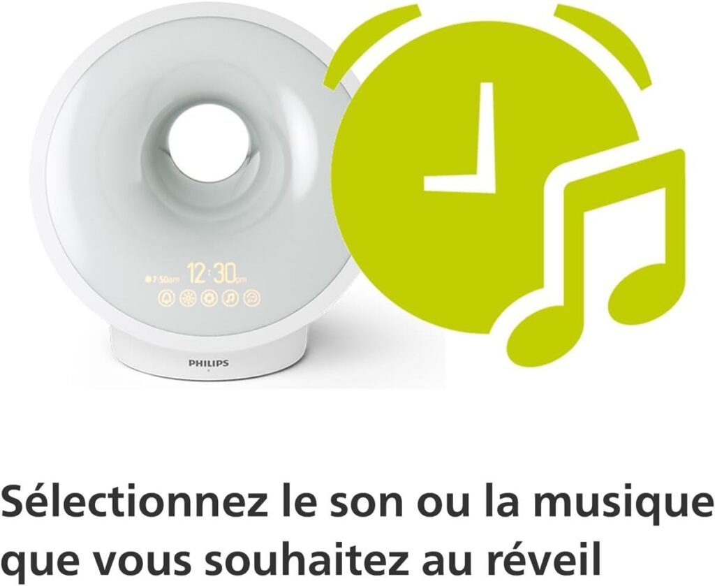 Le radio-réveil Philips SmartSleep et une icône d'horloge avec des notes de musique. Du texte explicatif est présent.