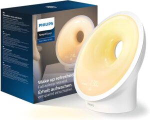 Le radio-réveil Philips SmartSleep, présenté à côté de sa boîte d'emballage.