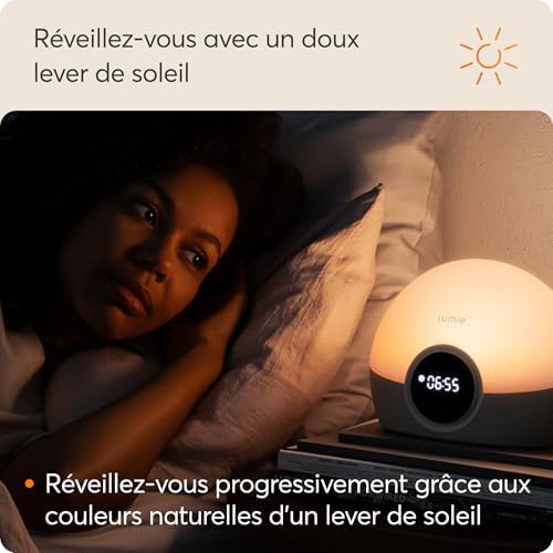 Infographie montrant une personne au lit se réveillant avec la lumière du réveil Lumie, avec du texte décrivant l'effet.