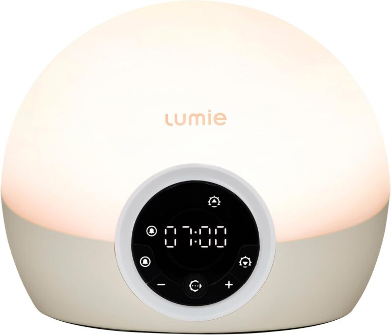 Vue de face du réveil Lumie avec un affichage de l'heure à 07:00, lumière blanche, boutons de contrôle et logo Lumie.