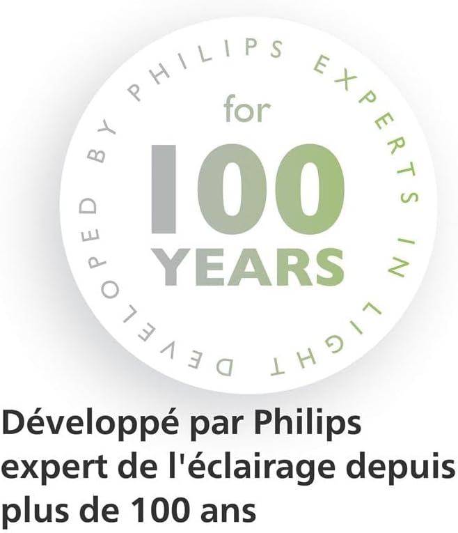Un médaillon Philips avec le texte 'Developed by Philips experts in light for 100 years' et une phrase en français sur l'expe...