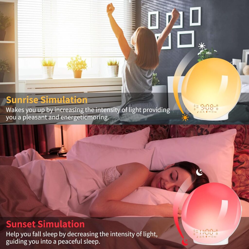 L'image est divisée en deux. La partie supérieure montre une femme se réveillant avec la lumière du soleil entrant par la fen...