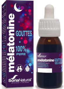 Boîte et flacon de mélatonine Soria Natural, les deux au même niveau que le visuel 1.