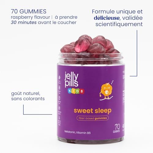 Pot de gummies avec le couvercle ouvert, montrant les gummies à l'intérieur. Texte promotionnel autour.