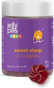 Pot de gummies pour enfants, saveur framboise, avec un gummy à côté.