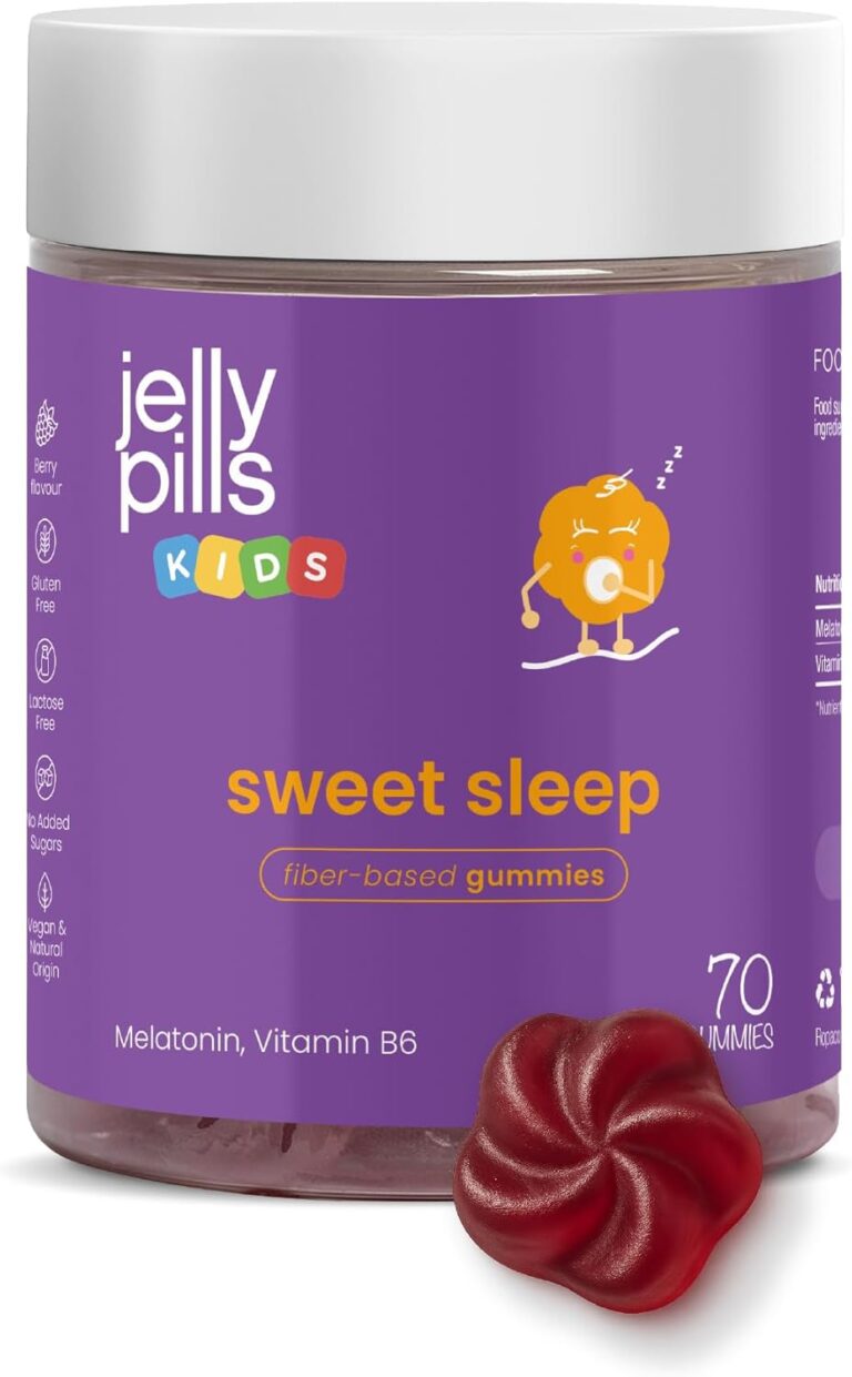 Pot de gummies pour enfants, saveur framboise, avec un gummy à côté.