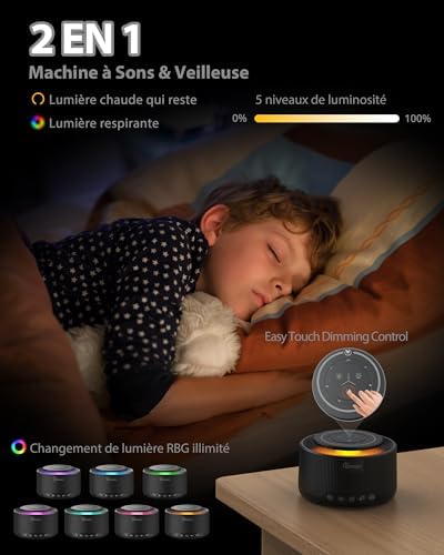 Infographie présentant les fonctions de veilleuse et de variation de lumière, avec un enfant qui dort en arrière-plan.