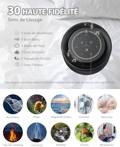 Infographie présentant les 30 sons disponibles et le type de sons, ainsi que des images associées.