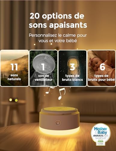 Visuel marketing présentant les différents types de sons du générateur de bruit blanc, avec le produit posé sur une table de...