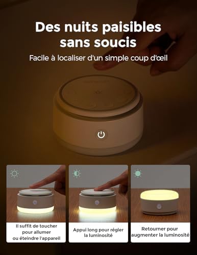 Visuel marketing montrant le générateur de bruit blanc Momcozy dans une pièce sombre avec des explications sur la manière d'i...