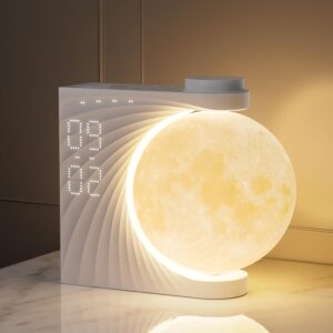 Lampe de Lune avec Réveil Lumineux, 2 Réveils, Lumière Lunaire RGB 8 Couleurs, 10 Sons Nat