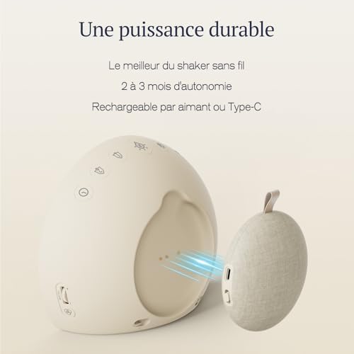 Vue arrière du radio réveil et vue du coussin vibrant, montrant le port de charge magnétique. Texte 'Une puissance durable'.