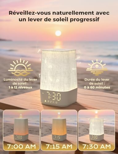 L'appareil est posé sur une table en bois, devant un paysage de plage au lever du soleil. Des illustrations du lever du solei...