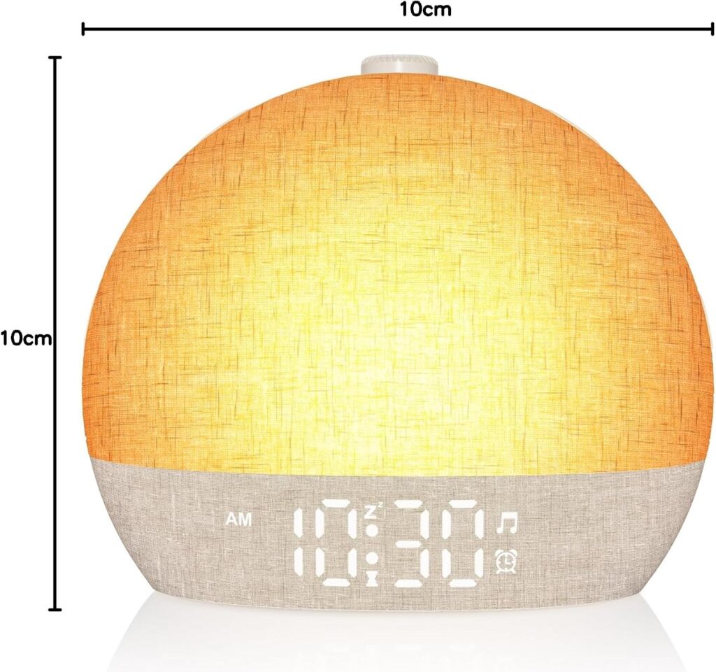 Réveil simulateur d'aube sur fond blanc avec les dimensions