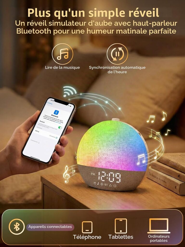 Le simulateur d'aube affiche des couleurs arc-en-ciel. Une main tient un smartphone connecté via Bluetooth. Texte promotionne...