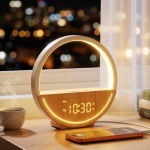 Lampe de Chevet et Réveil Simulateur d'Aube, Veilleuse Tactile avec Charge USB, 20 Sons Re