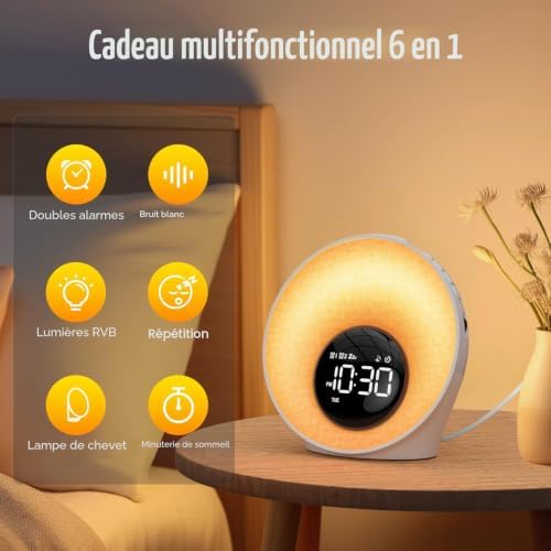 Réveil simulateur d'aube en situation sur une table de chevet, avec une infographie listant ses fonctionnalités.