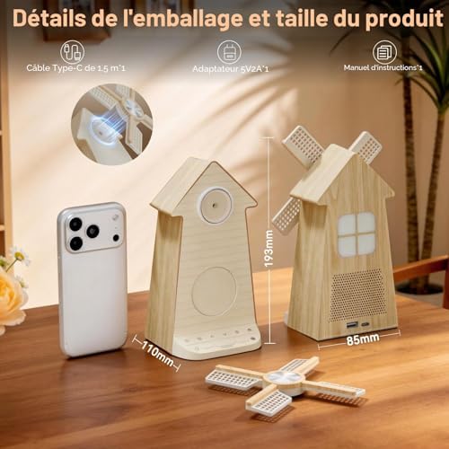 Deux versions du réveil moulin sont présentées avec un téléphone, accompagnées de dimensions et d'informations sur l'emballag...