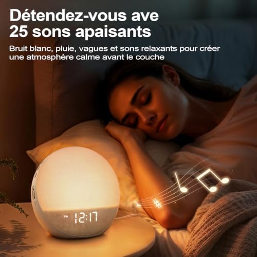 Infographie avec le radio-réveil et une femme endormie, présentant les sons apaisants.