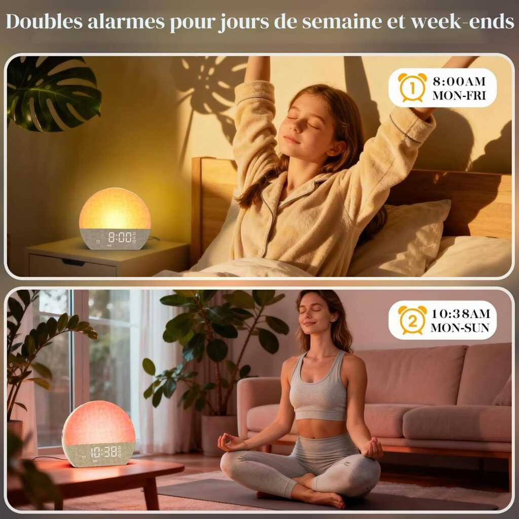 Réveil simulateur d'aube en situation (chambre et salon), avec des informations sur les doubles alarmes. La même jeune femme...
