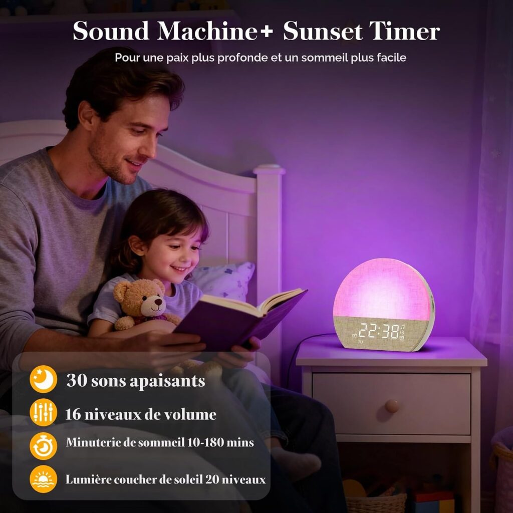 Infographie montrant un père et son enfant lisant une histoire à côté du réveil-lumière, illustrant les fonctions de machine...