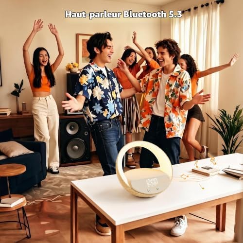 Le radio-réveil posé sur une table basse dans un salon, avec des jeunes qui dansent autour. Texte "Haut-parleur Bluetooth 5.3...