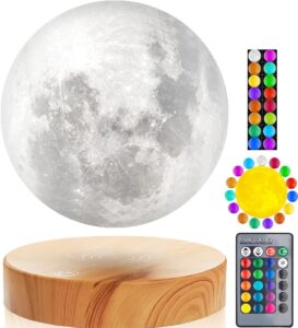 Lampe lunaire en lévitation, flottant et filant librement dans l’air avec socle en bois et
