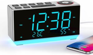 Réveil avec Radio FM, Chargement USB, Affichage LED Bleu Glace de 1,8 Pouces, Veilleuse, D