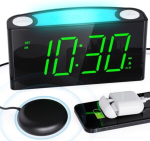Reveil Vibreur Puissant Fort, Réveil Digitale Veilleuse de Nuit avec Chargement USB Double