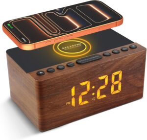 Radio Réveil Numérique en Bois avec Radio FM,Station de Charge sans fil Rapide Pour iPhone