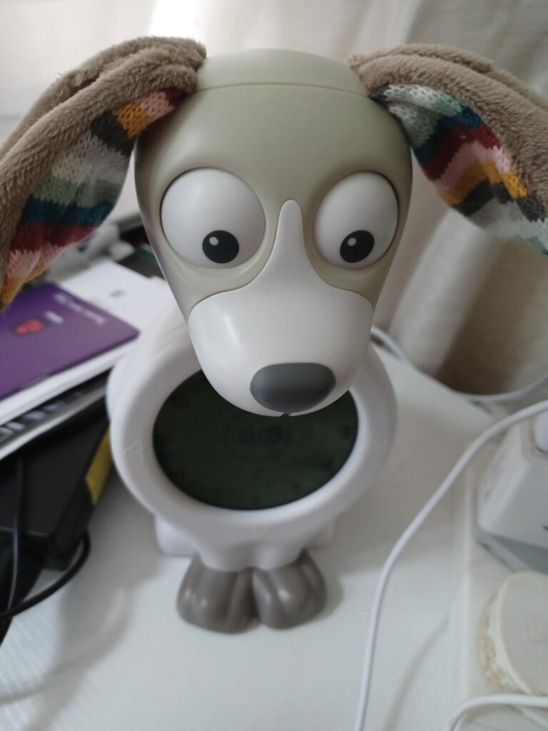 Réveil chien Zazu sur une table, le cadran est éteint. Il s'agit d'un gros plan du réveil.