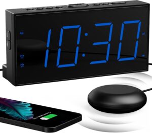 Réveil Extra Fort avec Secoueur de Lit, LED 7'' pour Sourd et Malentendant, Gros Dormeur,