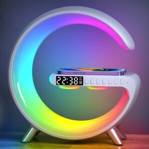 Lampe d’Ambiance 3-en-1,Réveil Lumineux,Haut-Parleur Bluetooth,Chargeur Sans Fil & Lumière