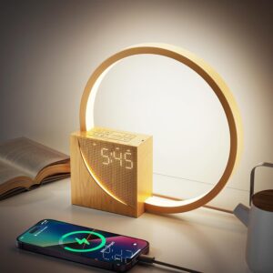 Lampe de Chevet LED avec Réveil, Ports de Charge USB, Lampe de Table Dimmable avec 3 Modes