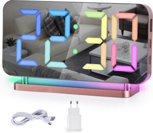 Réveil Numérique,Réveil RVB pour Table de Chevet,Horloge Miroir LED 7,4" avec Port de Char