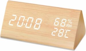 Digital Alarm Clock, Wooden Electronic LED Time Date Display Temperature Moisture Detectio
