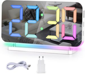 Réveil Numérique,Réveil RVB pour Table de Chevet,Horloge Miroir LED 7,4" avec Port de Char