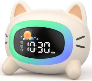 LIORQUE Réveil Enfant Educatif Jour/Nuit avec Veilleuse Rechargeable, Chat
