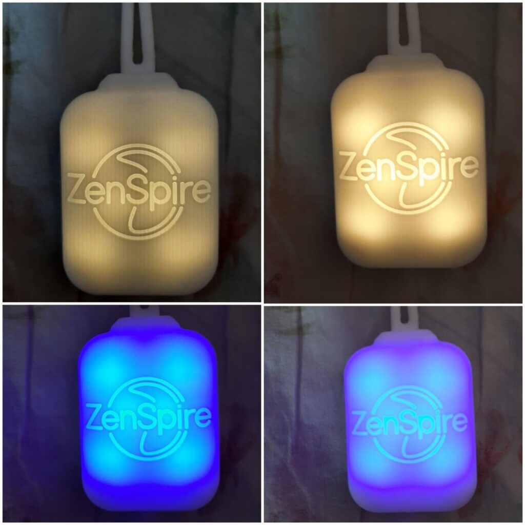 Le boîtier de contrôle du masque de relaxation ZenSpire éclairé en différentes couleurs (blanc, jaune, bleu, violet) avec le...