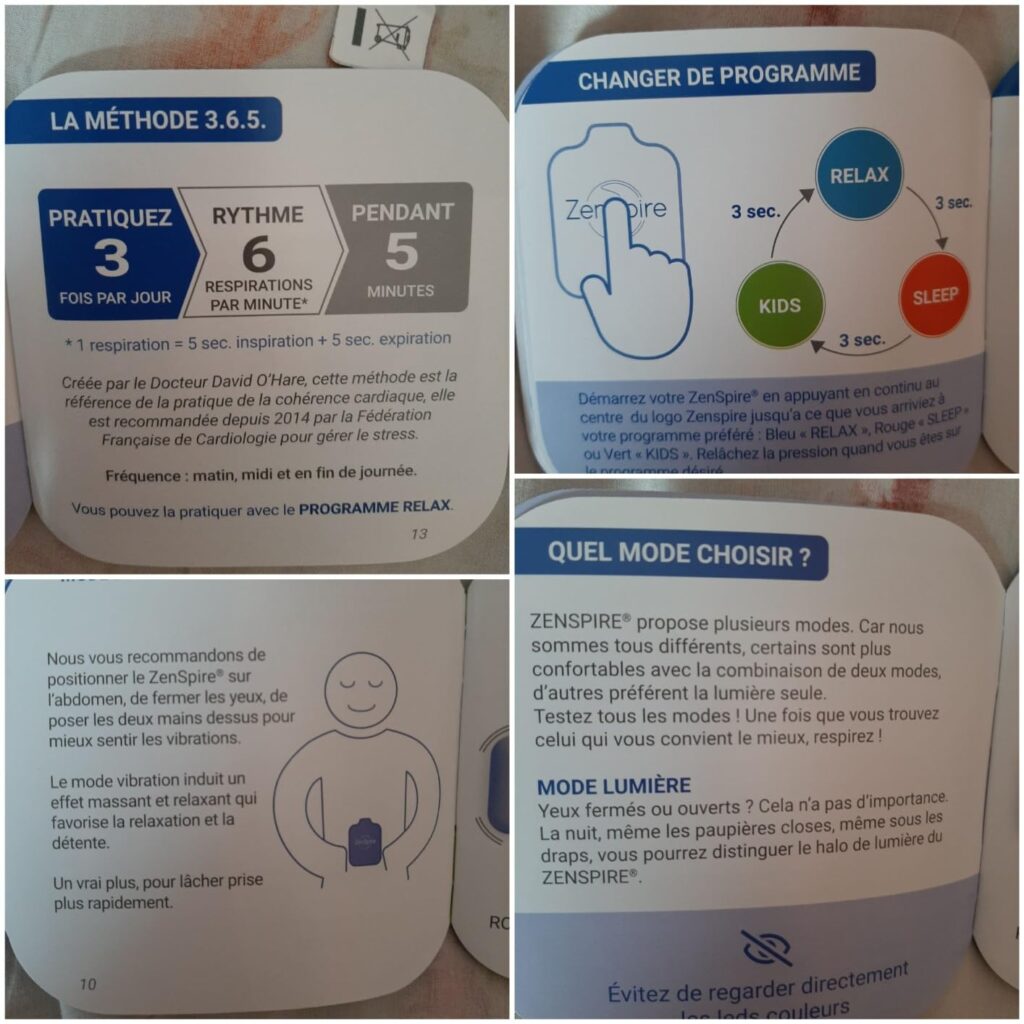 Quatre pages du manuel d'utilisation détaillant la méthode et les différents modes de relaxation.