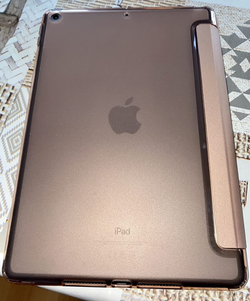 Vue de l'arrière de l'iPad inséré dans la coque marron/dorée, sur un tissu. Le logo Apple est visible.