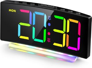 Réveil Numérique LED Courbé avec Lumière RGB, Double Alarme, 12/24H, Luminosité Réglable (