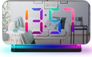 Réveil LED avec 11 Couleurs Dynamiques RGB Affichage Couleur Miroir Horloge Chevet avec Ve