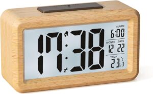 Reveil Numerique, Reveil Matin a Piles en Bois avec Grand écran LCD, Horloge Numérique ave