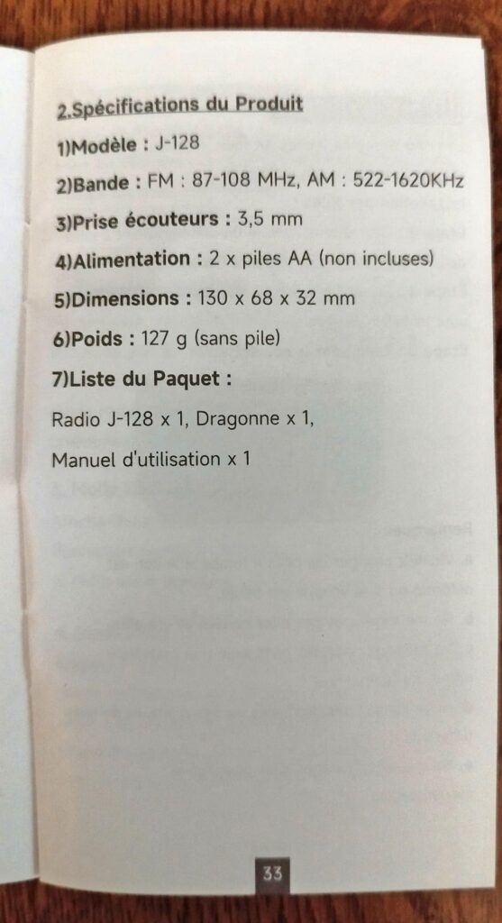 Page du manuel d'utilisation listant les spécifications du produit.
