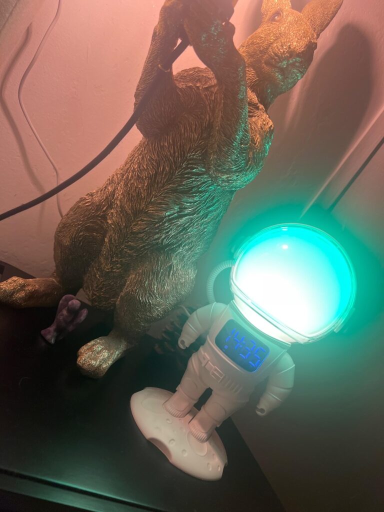 Le projecteur astronaute est allumé en vert, posé sur une étagère à côté d'une figurine de lapin. Des câbles sont visibles de...