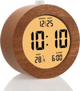 Plumeet Réveil numérique en bois pour chambre à coucher, réveil à piles de 10,2 cm avec fo