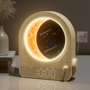 Lampe lune avec réveil à lumière du jour, 2 réveils, 10 sons naturels, veilleuse, lampe de