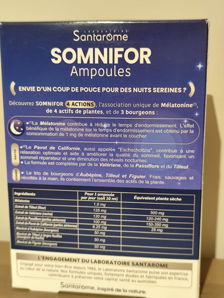 Vue du dos du packaging des ampoules Somnifor Santarôme. On peut lire le descriptif détaillé des actions, la composition et l...