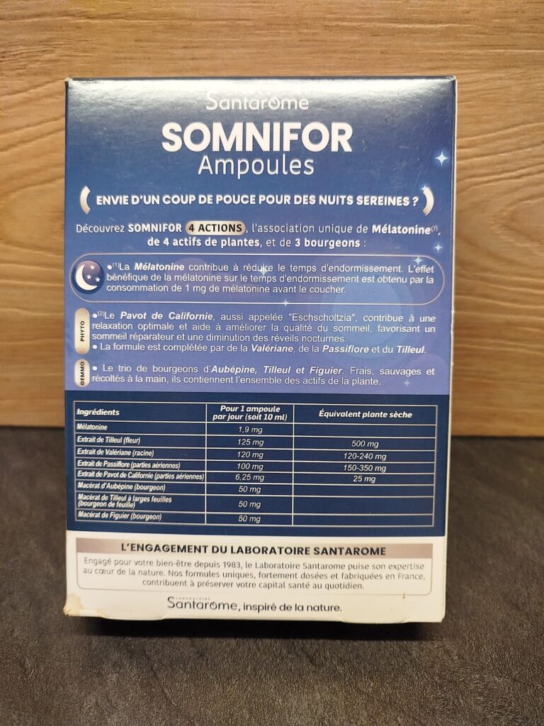 Vue du dos du packaging des ampoules Somnifor Santarôme, identique à l'image 1. On peut lire le descriptif détaillé des actio...